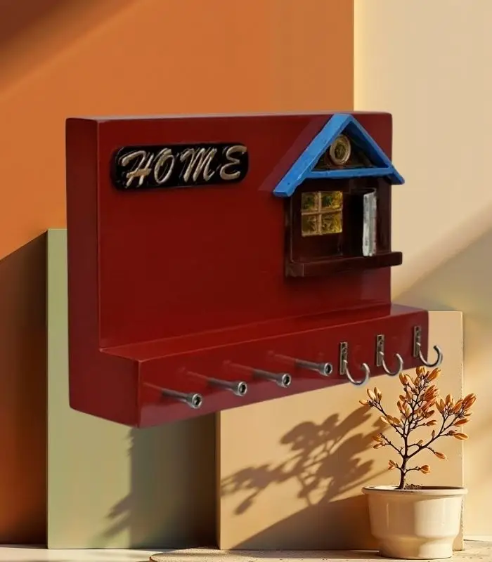 Casa Color rojo porta llaves de madera banak