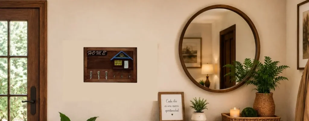 Recibidor pequeño decorado con accesorios de madera.