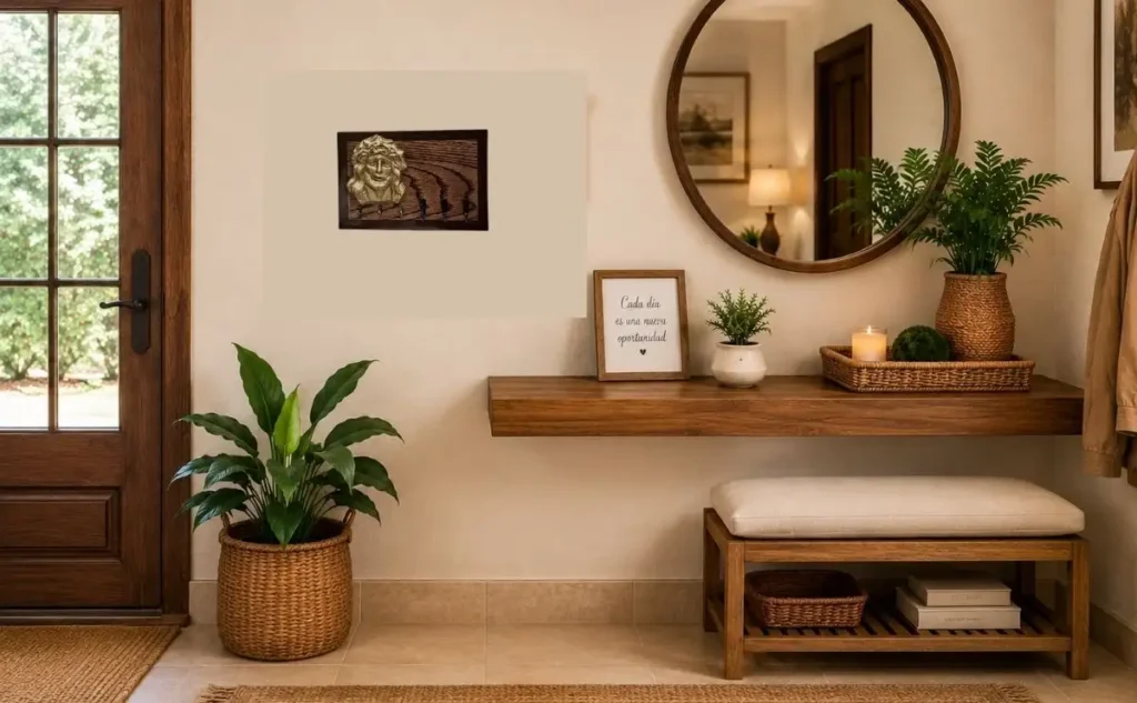 Porta llaves de madera para pared decorando la entrada de una casa.