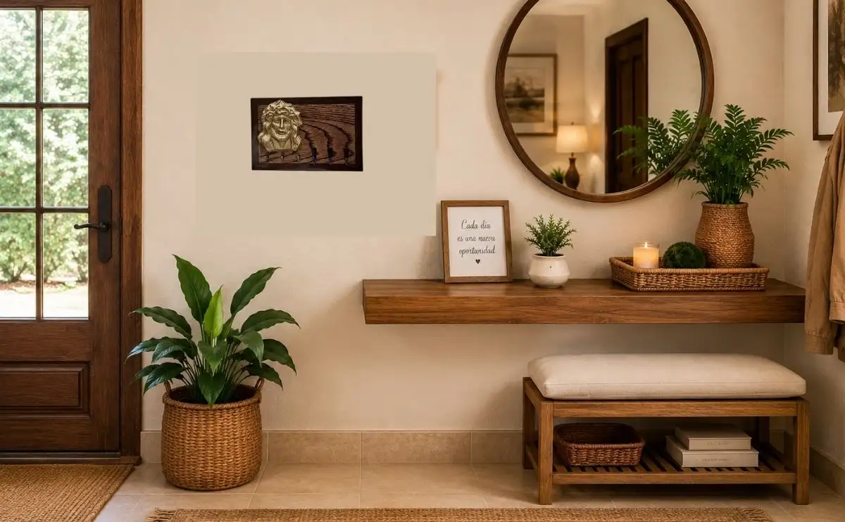 Porta llaves de madera para pared decorando la entrada de una casa.