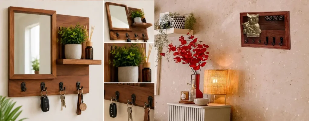 Entrada de casa decorada con porta llaves de madera artesanal